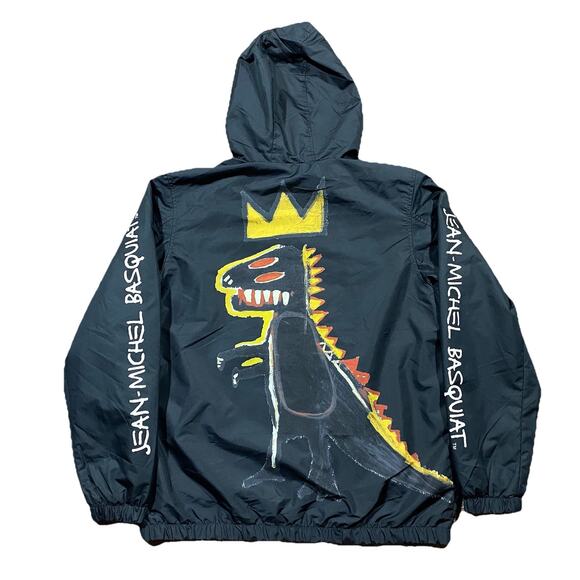 Basquiat Members Only Jacket L Black Hooded Windbreaker Crown Dino Art - Picture 1 of 10